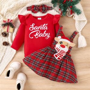 Dresses 018M Christmas Newborn Infant Baby Girls Clothes Sets Red Letter Print Romper Deer Plaid Skirts Headwear Xmas Outfits Costume