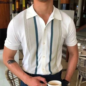 Summer Men kortärmad stickad polo blus Cardigan Vintage Slim Stretch Tshirts Top Business Casual Male Shirts Clothing 240309