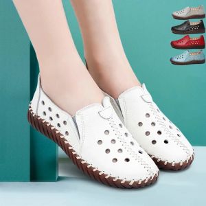 Boots White Autumn Summer Shoes For Women äkta läderballettlägenheter Mockasins Kvinnor Beskable Flat Loafers Woman Wide Feet Shoes