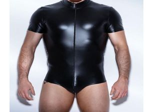 Men039s deri bodysuit lateks katsuit erkekler sahte deri kasıksuz gay men039s giyim vücut takım elbise seksi iç çamaşırı tek parça un3725775