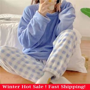 Sleepwear Ladies Pyjama Kvinnor Winter Flanell Pama Set Fleece Pamas Sleepwear Thick Warm Veet Kvinnliga hemkläder kostym söt söt pijama