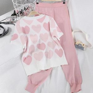 Damen-Trainingsanzüge YUZACDWX 2024 Sommer 2-teiliges Set Damenmode Sweet Love Print Perlenpullover Freizeithosen Stricken Zweiteilige Sets