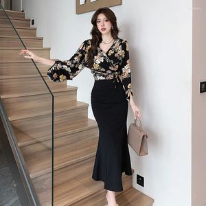 Casual Dresses QW French Rich Home Gold Fashion Outfit kjol Kvinnor Autumn Elegant Socialite Fishtail Two-Piece Set Dress