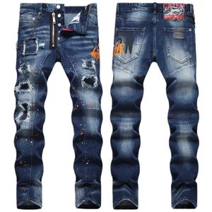 Men's Jeans Trendy Brand Distressed Patches Colorful Messy Lines Printed Small Straight Tube Medium Waist High Street Casual and Fashionable for Men