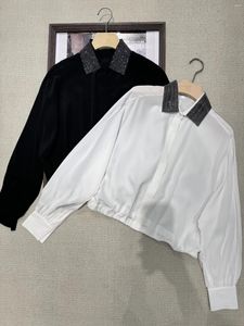 Blusas femininas início da primavera b/c estilo seda manga longa camisa frisada decoração temperamento versátil feminino