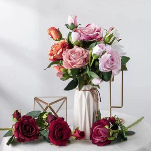 Decorative Flowers 3pcs Artificial Rose Flannel Bouquet Wedding Arrangements Bridal Plant Wall Flower Decorations