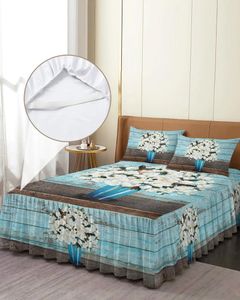 Säng kjol vit magnolia blommor vintage träkorn monterad sängdrag med kuddfästen madrass täcker sängkläder set ark