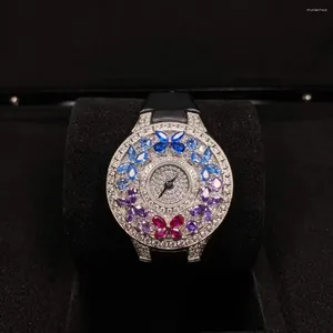 손목 시계 32mm 여성 나비 시계 드롭 워터 클럭 다이아몬드 블루 그린 레드 입방 지르콘 진짜 가죽 손목 시계 숙녀
