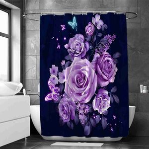 シャワーカーテン1pcsピンクの紫色のバラの防水シャワーカーテンロマンチックでファッショナブルなバラの飾り12個のプラスチックフックY240316