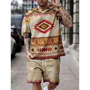 Summer Vintage Print Mens Tshirt Set Oneck Shortsleeved Top Summer Men Set Street Style Overdimensionerad grafik 2st Mänkläder 240315