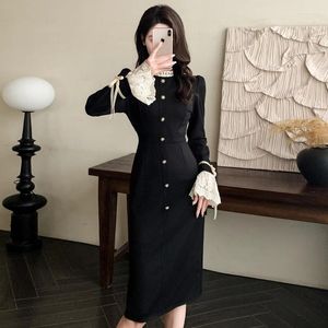 Casual Dresses Elengant Black Lace Patchwork Slim Party For Women 2024 Spring Bell Sleeves Single Breasted Midi Office Lady