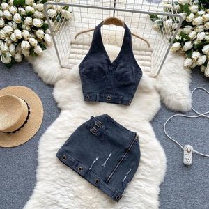 Skirts 2024 Summer Cool Wind Cowboy Suit Female Retro Design Sense Halter Vest High Fanny Pack Hip Skirt Spice Girl