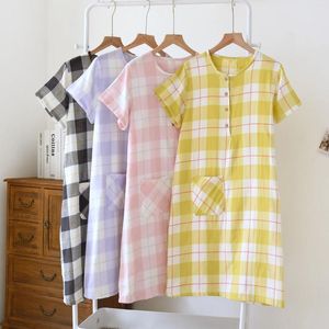 Women's Sleepwear 2024 Summer Sleeping Skirt Cotton Gauze Ladies Round Neck Short Sleeve Simple Plaid Large Home Dress