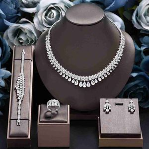 Wedding Jewelry Sets Luxury White Cubic Zirconia Bridal Jewelry Set Brides Accessories Tassel Water Drop Necklace Earring 4pcs Set for Wedding Party Q240316