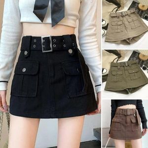 Röcke Hohe Taille Rock Koreanischen Stil Mini Mit Gürtel Streetwear Große Tasche Cargo Shorts Dame Abnehmen