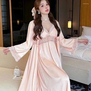 Damska odzież sutowa elegancka koronkowa patchwork Nightdress Rayon Princess Style Nightgown Set Set Lady Bride Wedding Lounge Sukienka odzież domowa