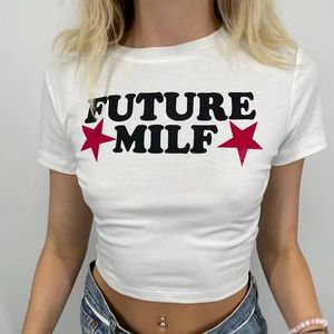 Y2K女性Tシャツ未来の熟女スターファッション女性クロップトップハラジュクストリートウェアスリムTシャツトップサマーセクシーパーティーフェム服240312