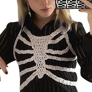 Xingqing 2000s Skeleton Crochet Top Gothic Aesthetic Hollow Out Knitted Tshirt Women Tanks Streetwear y2k Dark Academia Clothes 240311