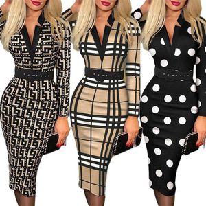 Basic Casual Dresses Classic Women Elegant Vintage Print Pencil Dresses Long Sle V Neck Work Office Knee Length Formal Wear Dress with BeltC24315