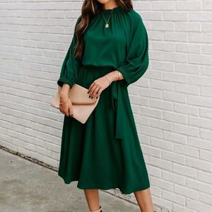 Basic Casual Dresses Summer Green Fashion Lace Up Dress for Womens O Neck Elegant Ladies Half Sle Big Swing Party Dresses 2022 Spring Robe FemmeC24315