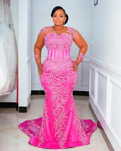 2024 Aso Ebi Fuchsia Mermaid Prom Dress Sequined Lace Sheer Neck Evening Formal Party Second Reception 50th Birthday Engagement Gowns Dresses Robe De Soiree