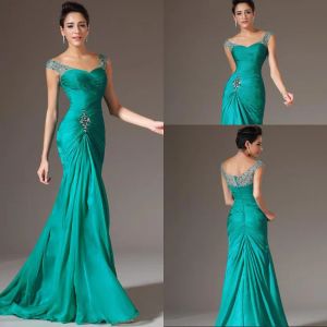 2024 Ny design Bestförsäljande sjöjungfru V-Neck Sweep Train Chiffon Cap Sleeve Prom Dresses Pärlade veck rabatt prom klänningar formella aftonklänningar