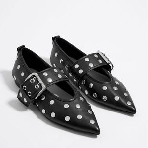 French Retro Mary Jane Single Shoes European and American Women's Shallow Mouth Flat Bottom Rivet Buckle Shoes Banquet Shoes