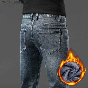 Men's Jeans Straight Elastic Fleece Jeans Mens Clothing 2023 Winter New Thick Warm Casual Slim Fashion Male Retro Denim TrousersL2403