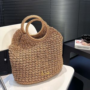 Luxuriöse Designer-Tragetaschen mit rundem Kreisgriff, Raffia-Häkelstroh-Korbtasche, tägliches Outfit für den Urlaub, großes Fassungsvermögen, Outdoor-Sacoche-Schulterhandtaschen, 42 x 36 cm