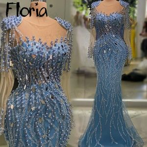 Couture Blue Embroidery Beading Evening Dress Long Sleeve Mermaid O Neck Formal Ocn Dresses Bride Wedding Party Gowns 240407