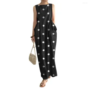 Casual Dresses Women Long Dress with Dot Print O Neck Big Pockets For Ankle Length Summer Beachwear