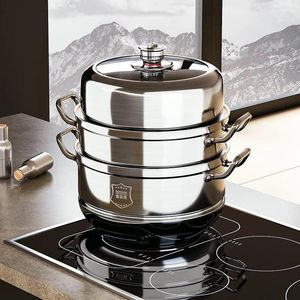 Double Boilers Stainless Steel Steamer Cooker Pot Timing Soup Steam Boiler 4 Layers Rice Noodle Home Appliance Cookware Set