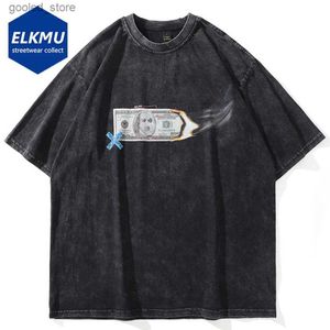 T-shirt da uomo 2023 Oversize Hip Hop Uomo T-shirt Burning Money Modello Stampa Streetwear Tshirt Vintage Harajuku Man Tee Shirt Q240316