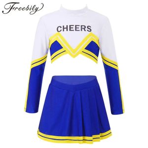 Costume da cheerleader per ragazze per bambini Set da ballo per allegria Manica lunga Saluti Top stampato Set gonna a pieghe Uniformi da cheerleader per bambini 240305