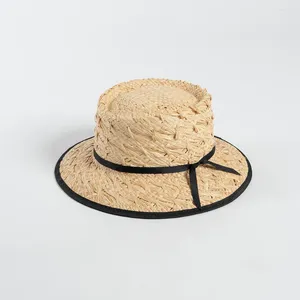 Wide Brim Hats 2024 Summer Floral Weaving Lafite Grass Wrapped Edge Tie Flat Top Straw Hat Outdoor Sun Protection Sunshade