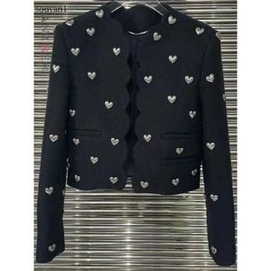 Jackets Womens LANMREM Long Sleeve Heart Beading Jacket Woman V Neck Black Color Chic Female Streetwear Fashion Tops Autumn 1D