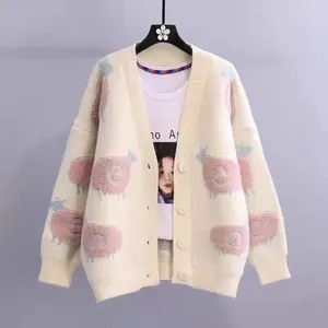 Malhas femininas coreano dos desenhos animados bonito camisola jaqueta outono inverno 2024 elegante solto versátil engrossado malha cardigan