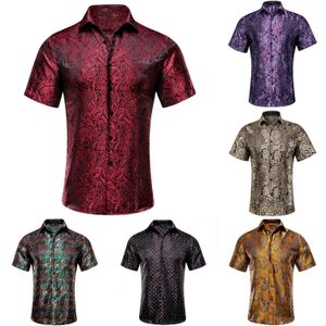 Silk Mens skjortor Korta ärmar Red Blue Green Teal Jacquard Floral Paisley Spring Summer Shirt Blus For Mane Business Wedding 240304