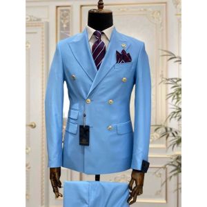 Suits Light Blue Double Breasted Men Suits Slim Fit Wedding Tuxedos Two Pieces Best Man Groom Business Party Prom Costume Blazer+Pants