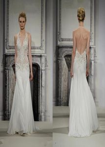 2014 Pnina Tronai Lace Backless Sheath Wedding Dresses Exqusite Appliques Beaded Halter Neckline Sweep Train Chiffon Beach Bridal 6791722