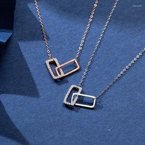 Chains S925 Pure Silver Zircon Rectangular Double Buckle Pendant Necklace Women's Gift Fine Jewelry Party Banquet