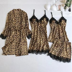 Sleepwear Leopard Print Sexy Women Pamas Sets Satin Pijama Silk Home Wear Embroidery Sleep Lounge Pyjama Nightwear Lingerie #w