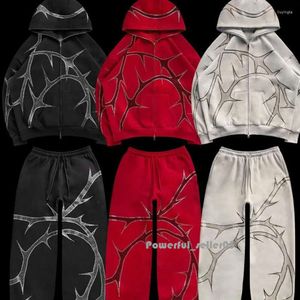 Men's Tracksuits Rhinestones Print Full Zip Hoodie Loose Set Men Fashion Streetwear Y2k Gothic Hip Hop Sweatshirts Clothing 3717