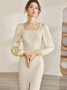elegante vestito cucito con maniche a lanterna da donna autunno giallo chiaro gonna avvolgente sottile alla moda 240306