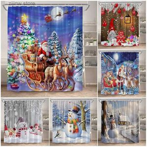 Shower Curtains Funny Santa Claus Shower Curtain Reindeer Snowman Xmas Tree Ball Winter Forest New Year Christmas Decor Fabric Bathroom Curtains Y240316