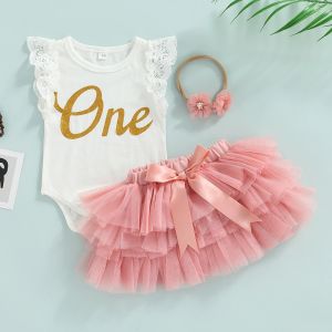 Abiti mababy 024M Infantile Neonato Vestiti per bambina Set Una lettera Pagliaccetto Ruffles Tulle Gonne Fascia per capelli Abiti Costume estivo D01