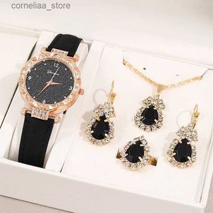 Other Watches 5PCS Luxury Women Ring Necklace Earring Rhinestone Fashion Wrist Casual Ladies es Set Clock Y240316