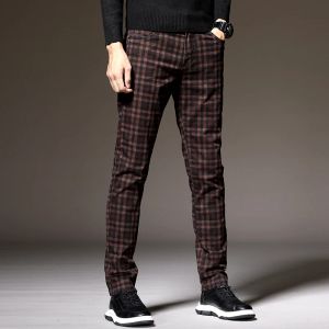 Pants Men's Plaid Pants Dress Classic Formal Slim Fit Casual 2023 Autumn Cotton Stretch Black Work Office Youth Fashion Trousers Male