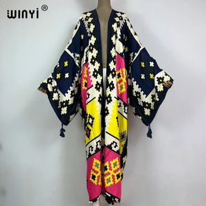 WINYI Algodão sentimento Biquíni Cover-ups Bohemian print Front Open Long Kimono kaftan Beach Cover Ups para Vestidos de banho 240314