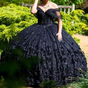 Black Quinceanera Dress Off Shoulder Appliques Lace Beads Tull Party Princess Sweet 16 Ball Gown Vestidos De 15 Anos